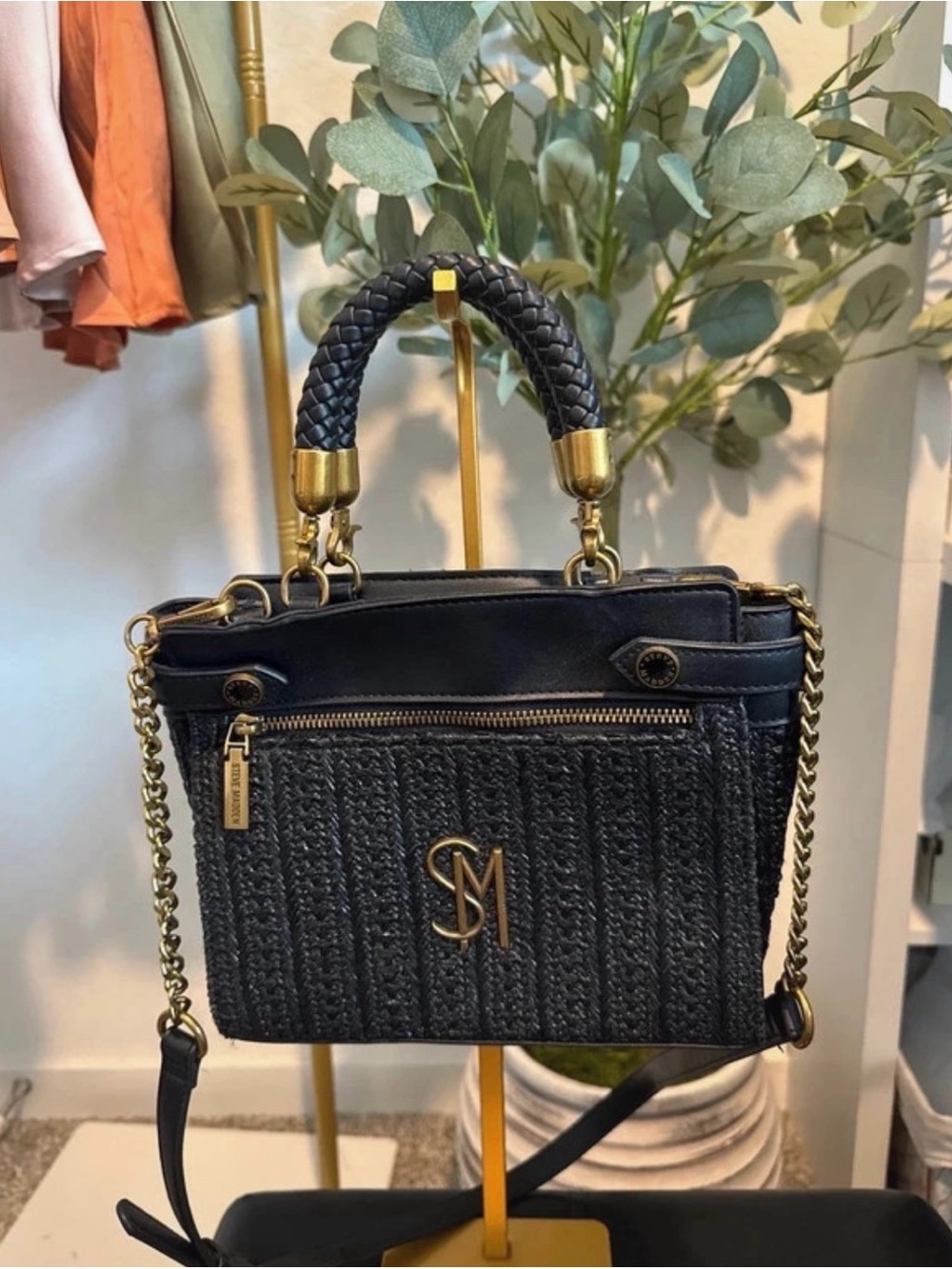 Steve Madden Black Braided-Handle Satchel with Gold Hardware in